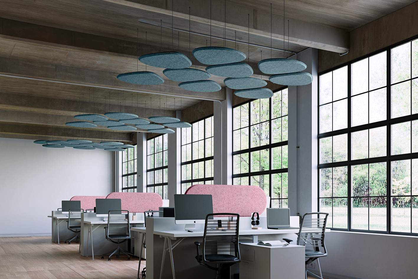 Suspended ceiling acoustic panels in office