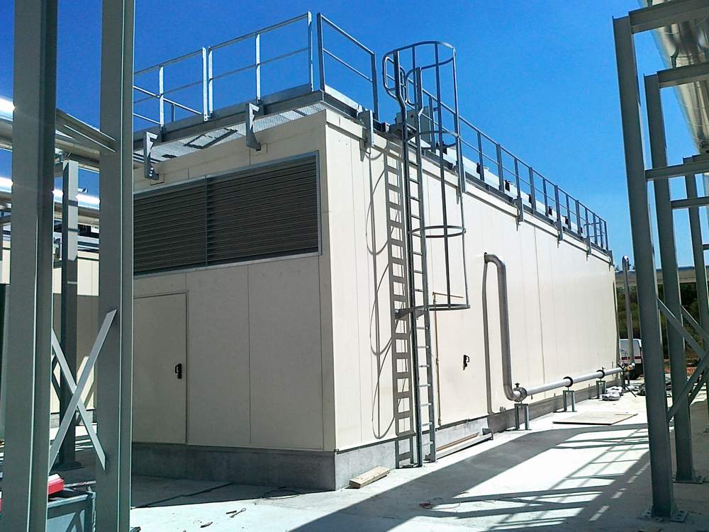 outdoor acoustic enclosure with stairs up to the roof