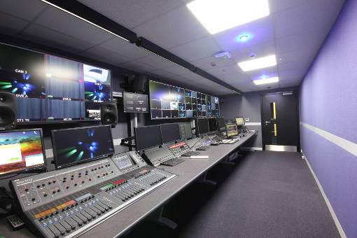 Control room with control panels for TV and sound production