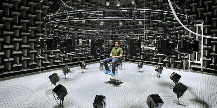 spherical speaker net around the subject in anechoic chamber at DTU (Technical University of Denmark)