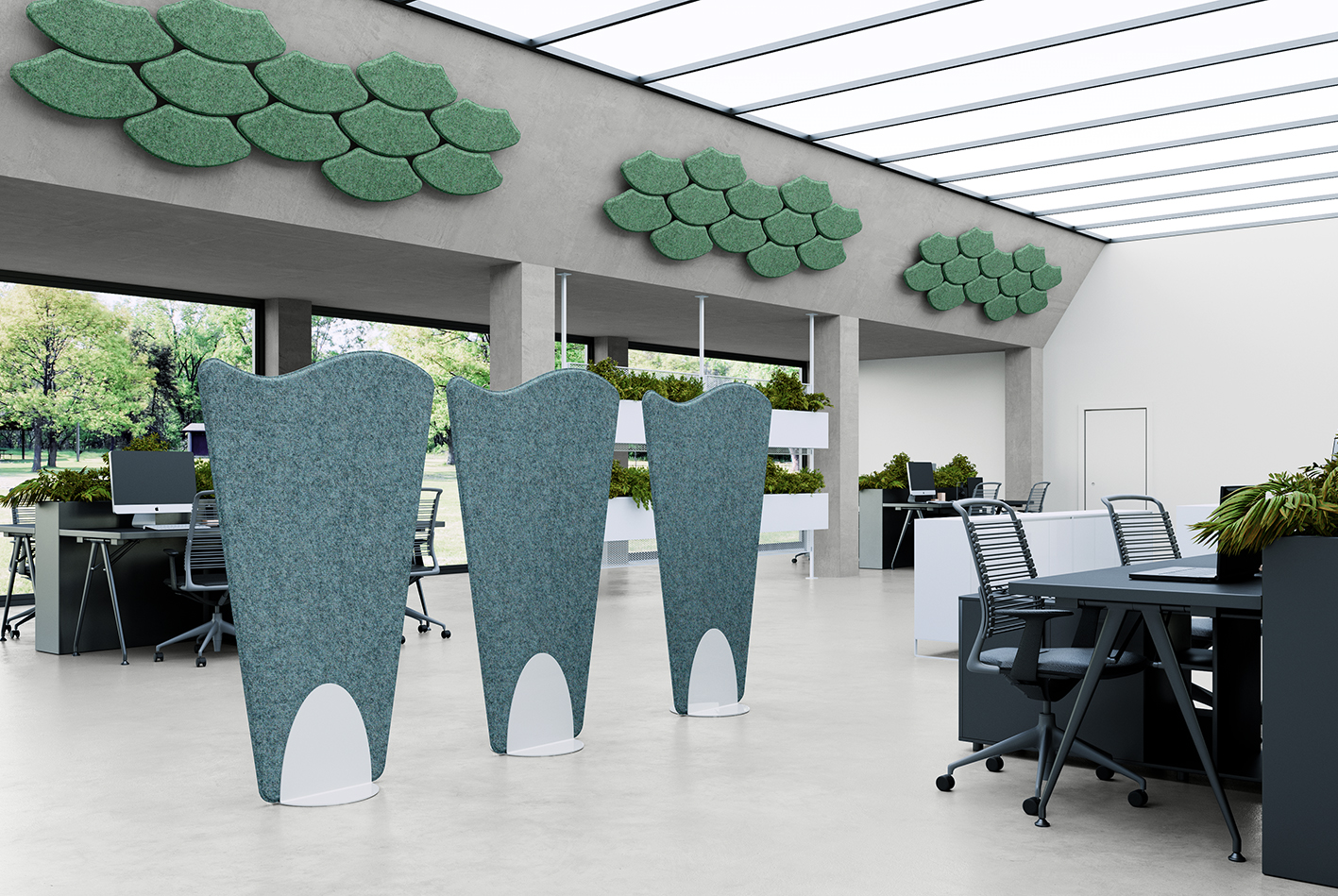  Freestanding acoustic panels and acoustic panels on the wall
